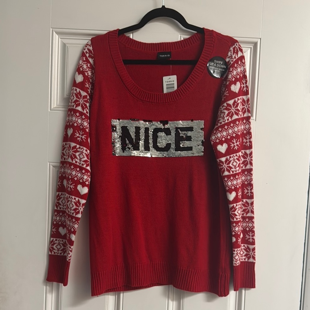 Torrid Red Sweater with Silver Sequin 'Nice' Detail
